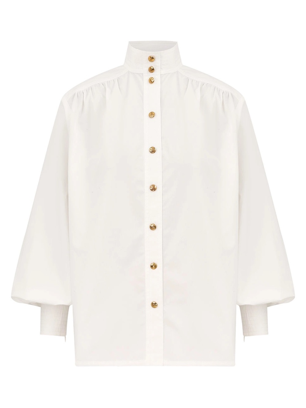 Zimmermann White Button-Front High-Neck Blouse with Gold Buttons